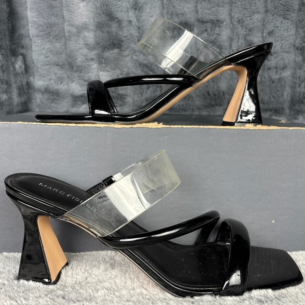 Marc Fisher Krisly Black Patent Clear Strap Square Toe Flared Heel Sandals 9.5M